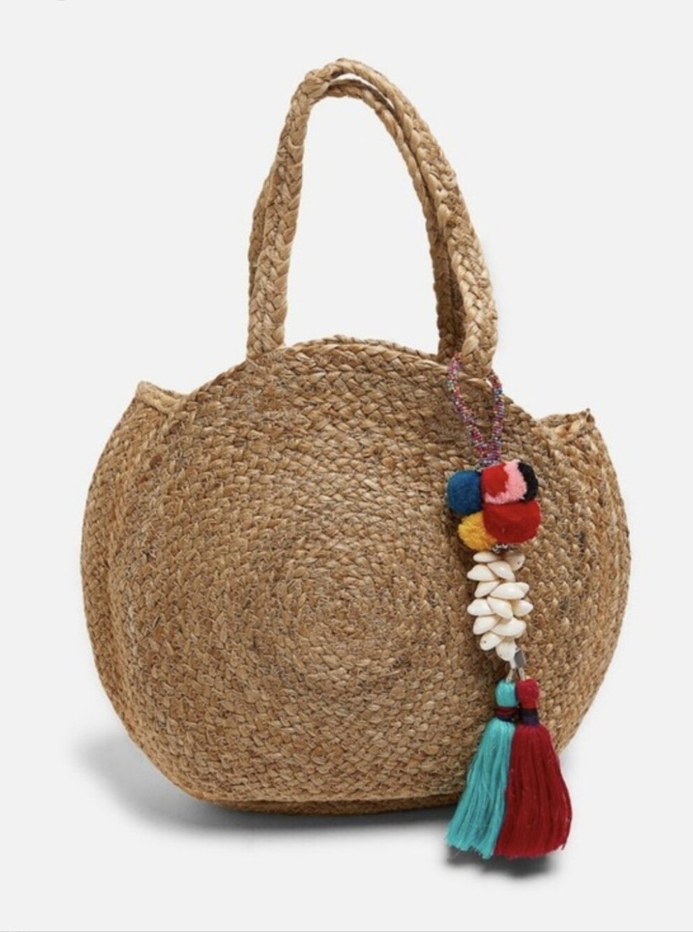 Zara Natural Straw Round Tote with Multicolor Tassel Charm